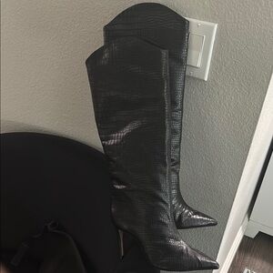 Schutz Black Croc-Embossed Knee-High Boots